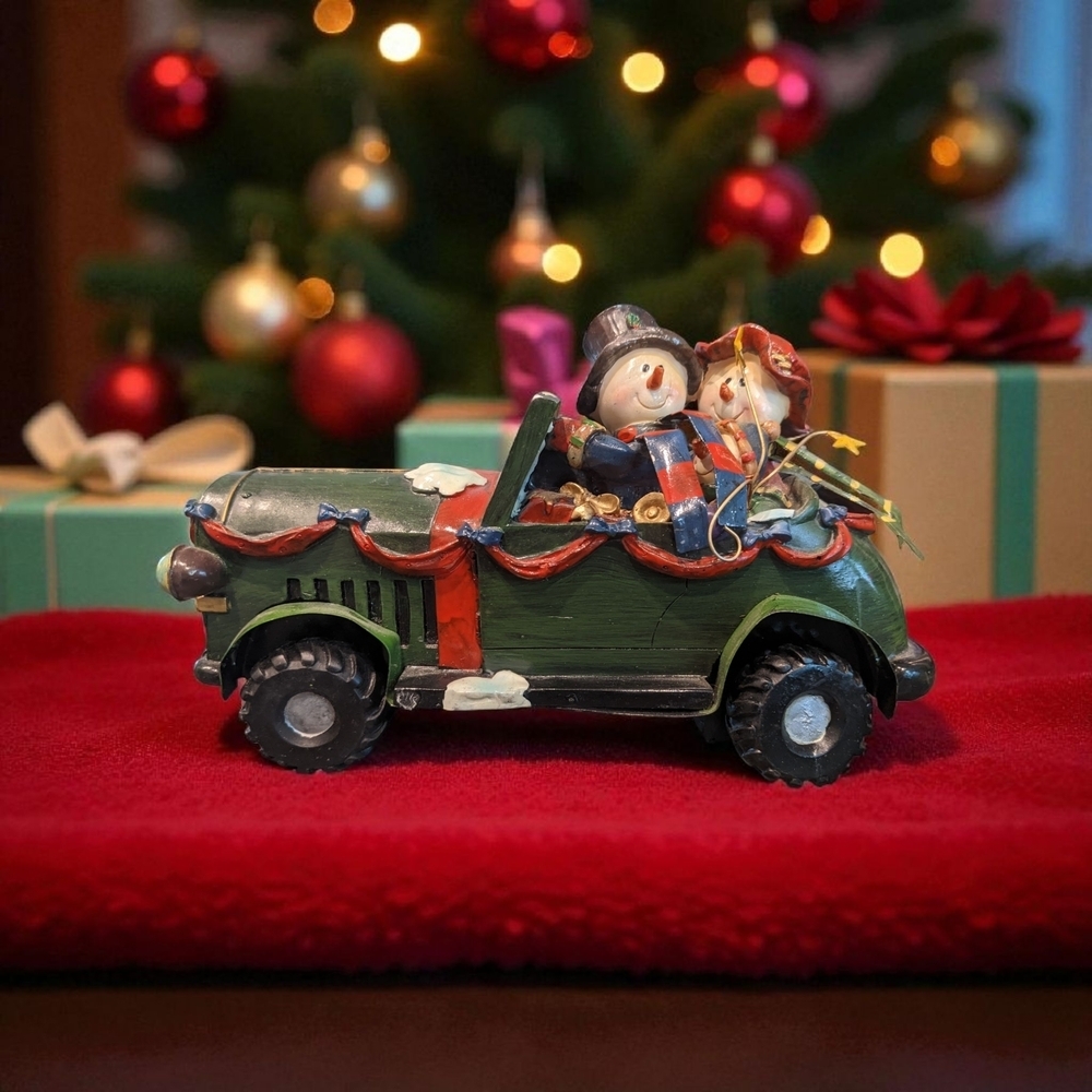 Vintage Festive Snowman In Car Christmas Decor